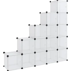 Estantería de cubos escalonada 15 compartimentos con puertas transparente 153,5x155x32 cm