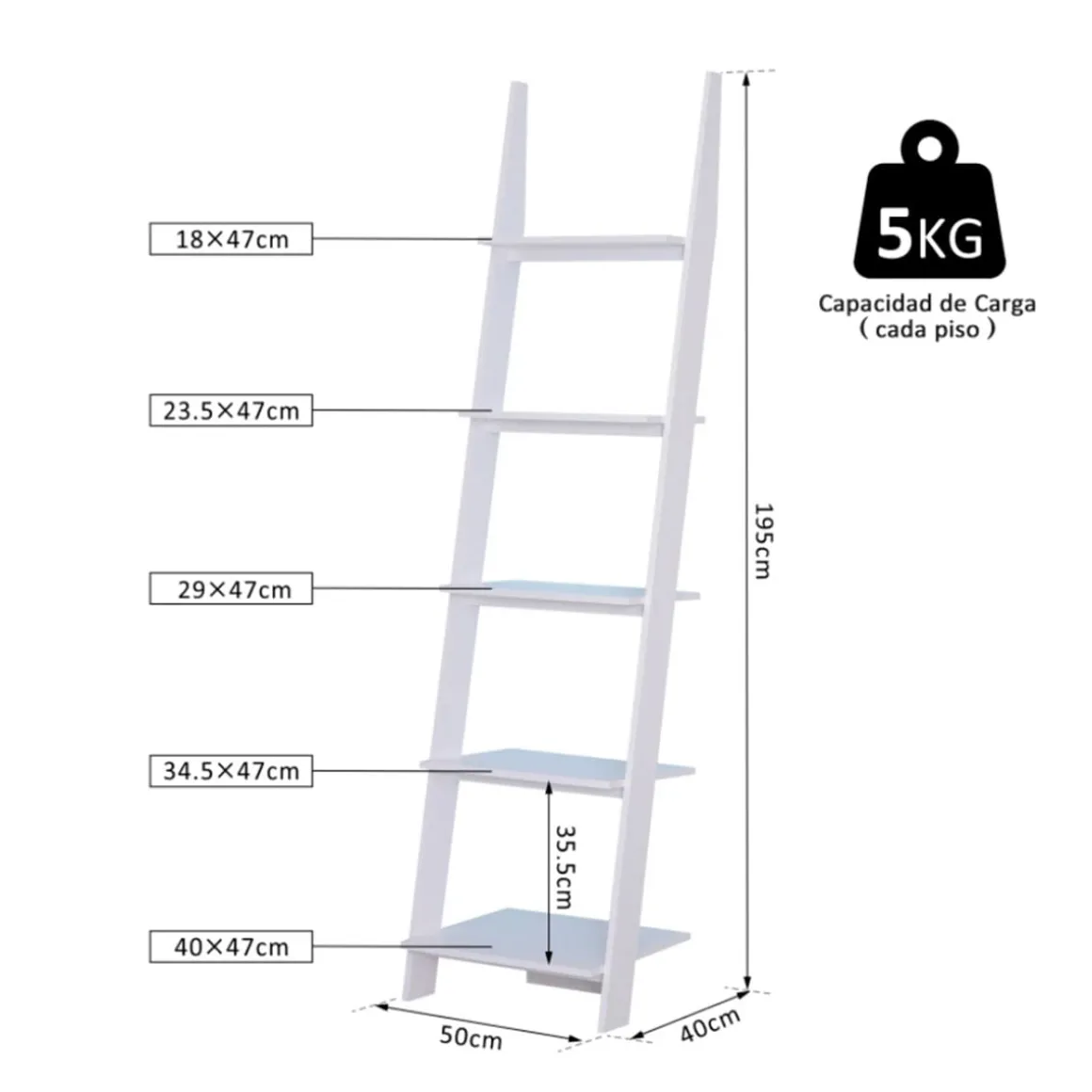 Estantería de escalera Homcom 5 estantes blanco 195x50x40 cm
