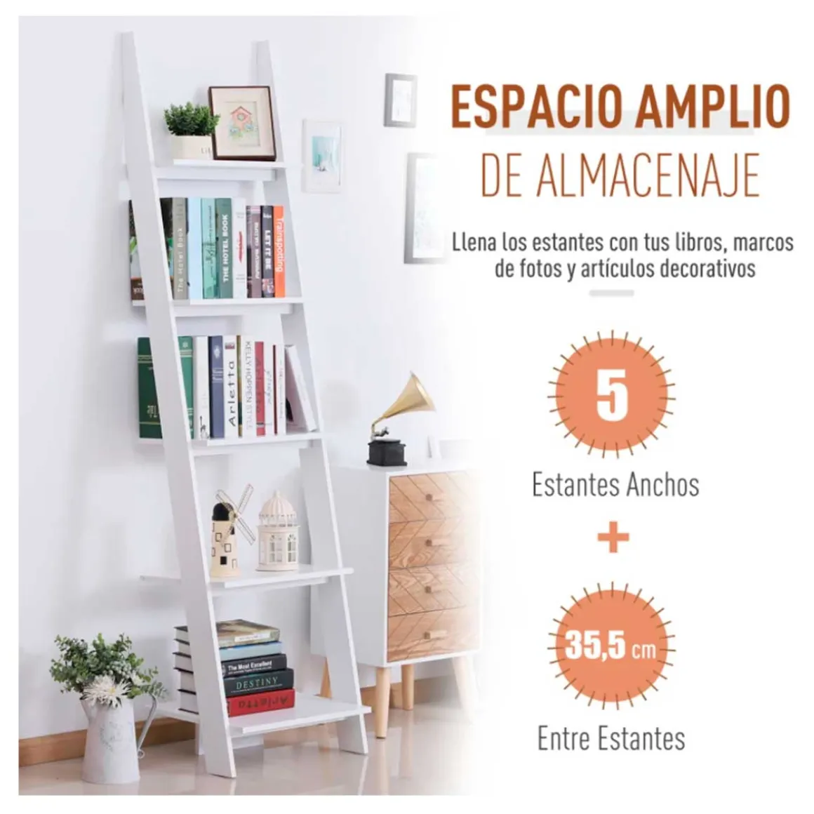 Estantería de escalera Homcom 5 estantes blanco 195x50x40 cm