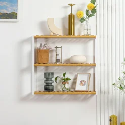 Estantería de pared Mihna Homcom 3 estantes blanco/natural 54x60x15 cm