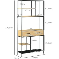 Estantería Galera Homcom 5 niveles 2 cajones natural/negro 170,5x80x30 cm