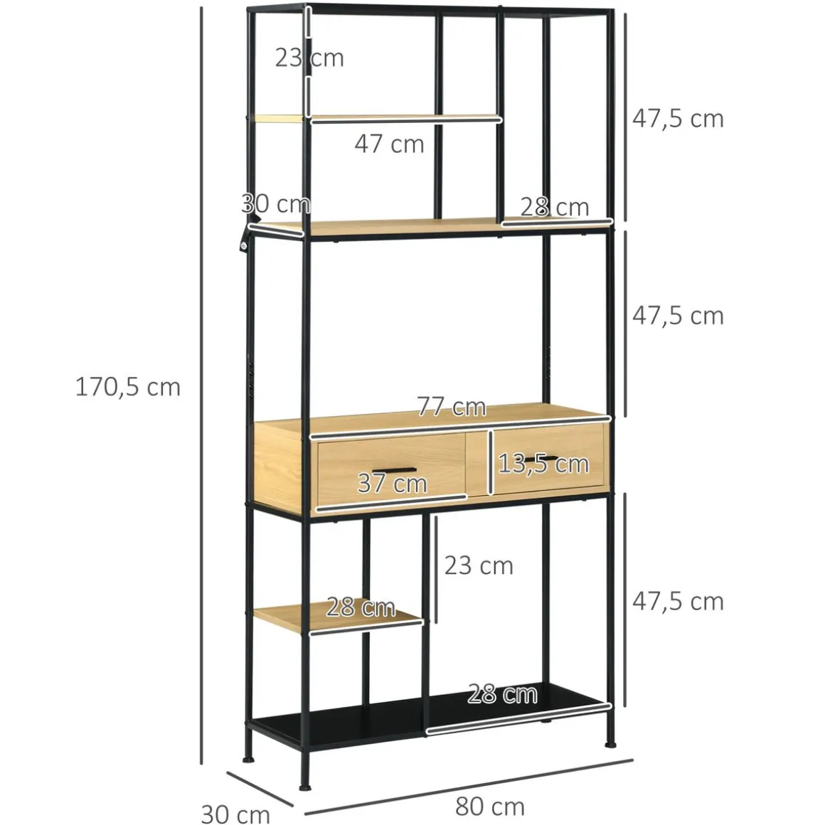 Estantería Galera Homcom 5 niveles 2 cajones natural/negro 170,5x80x30 cm