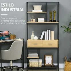 Estantería Galera Homcom 5 niveles 2 cajones natural/negro 170,5x80x30 cm