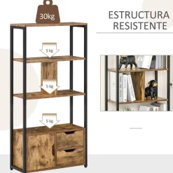 Estantería Homcom 4 estantes + 2 cajones + 1 armario marrón 122x58x24 cm