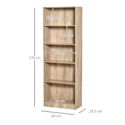 Estantería Homcom 5 niveles ajustables madera natural 176x63x29,5 cm