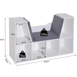 Estantería Homcom con asiento+cojín 6 cubículos blanco/gris 61x102x30 cm