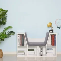 Estantería Homcom con asiento+cojín 6 cubículos blanco/gris 61x102x30 cm