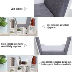 Estantería Homcom con asiento+cojín 6 cubículos blanco/gris 61x102x30 cm