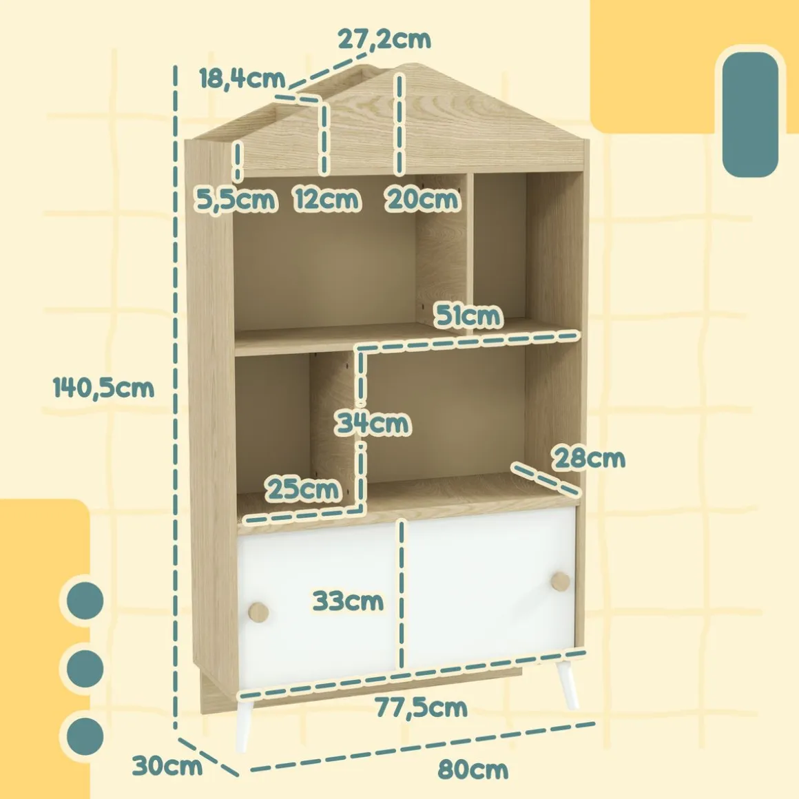 Estantería infantil Campanilla Aiyaplay 4 estantes + armario +3A blanco/natural 140,5x80x30 cm