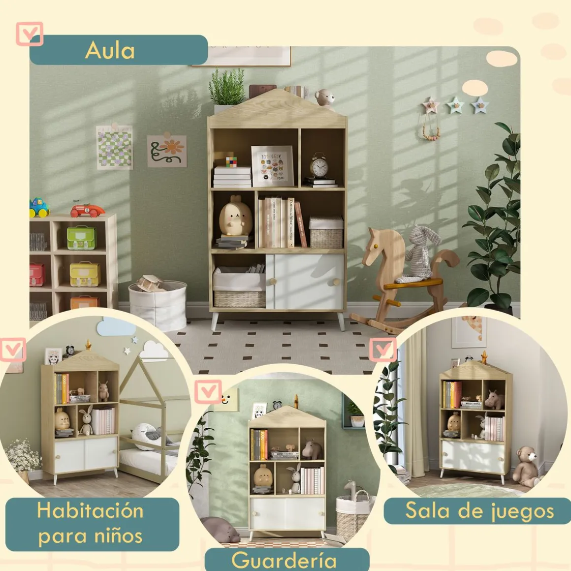 Estantería infantil Campanilla Aiyaplay 4 estantes + armario +3A blanco/natural 140,5x80x30 cm