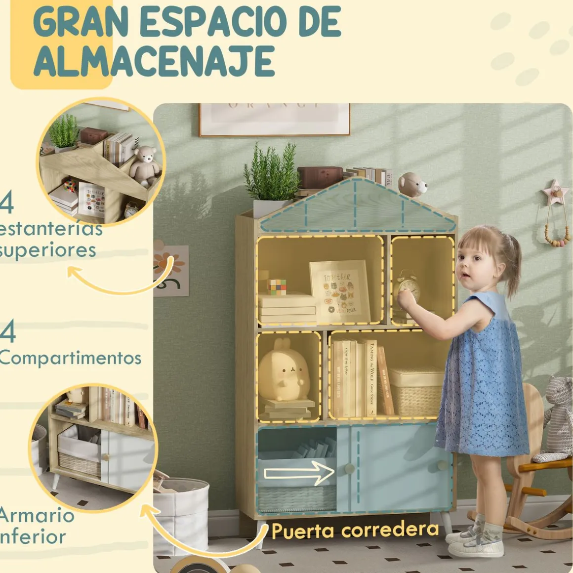 Estantería infantil Campanilla Aiyaplay 4 estantes + armario +3A blanco/natural 140,5x80x30 cm