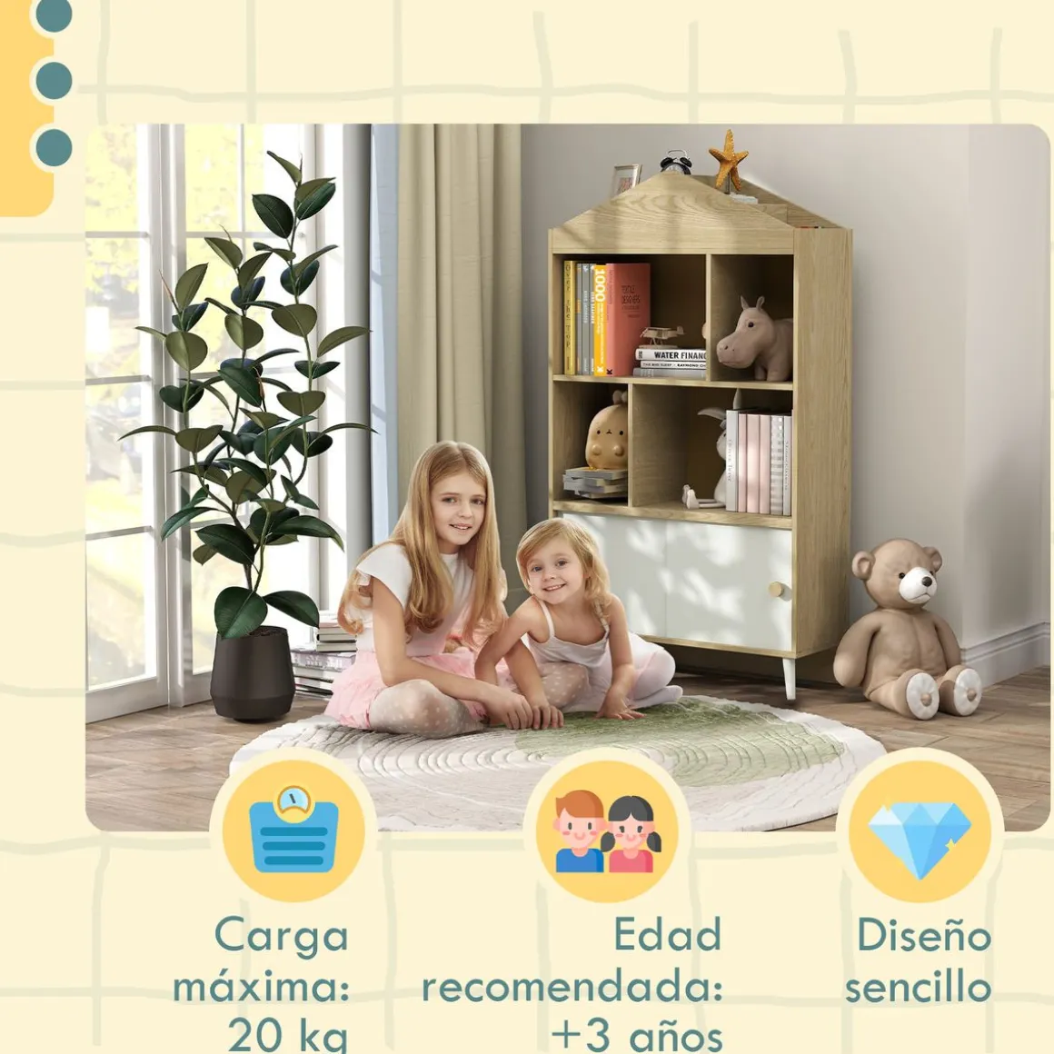 Estantería infantil Campanilla Aiyaplay 4 estantes + armario +3A blanco/natural 140,5x80x30 cm