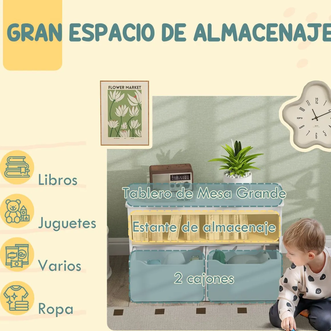 Estantería infantil Cilantro Aiyaplay compartimento + 2 cajones +3A blanco 45x80x30 cm