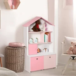 Estantería infantil Homcom 4 estantes+1 armario+2 cajones rosa/blanco 130x80x34 cm