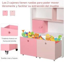 Estantería infantil Homcom 4 estantes+1 armario+2 cajones rosa/blanco 130x80x34 cm