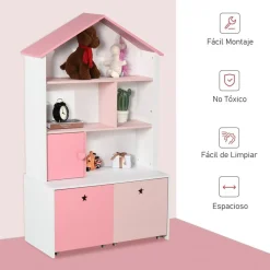 Estantería infantil Homcom 4 estantes+1 armario+2 cajones rosa/blanco 130x80x34 cm