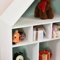 Estantería infantil Homcom diseño casita blanco/azul/rosa 126x82x30 cm