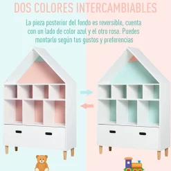 Estantería infantil Homcom diseño casita blanco/azul/rosa 126x82x30 cm