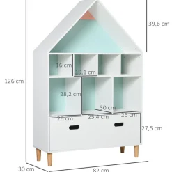 Estantería infantil Homcom diseño casita blanco/azul/rosa 126x82x30 cm