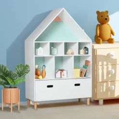 Estantería infantil Homcom diseño casita blanco/azul/rosa 126x82x30 cm