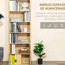 Estantería librería Homcom 1 armario con 2 estantes + 4 estantes abiertos natural 180x59x29 cm