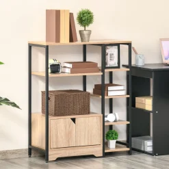Estantería Miss Homcom doble puerta + 5 estantes natural/negro 97x80x35 cm