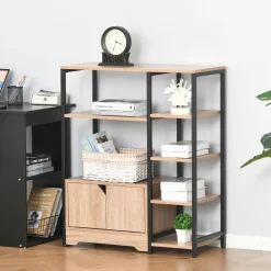 Estantería Miss Homcom doble puerta + 5 estantes natural/negro 97x80x35 cm