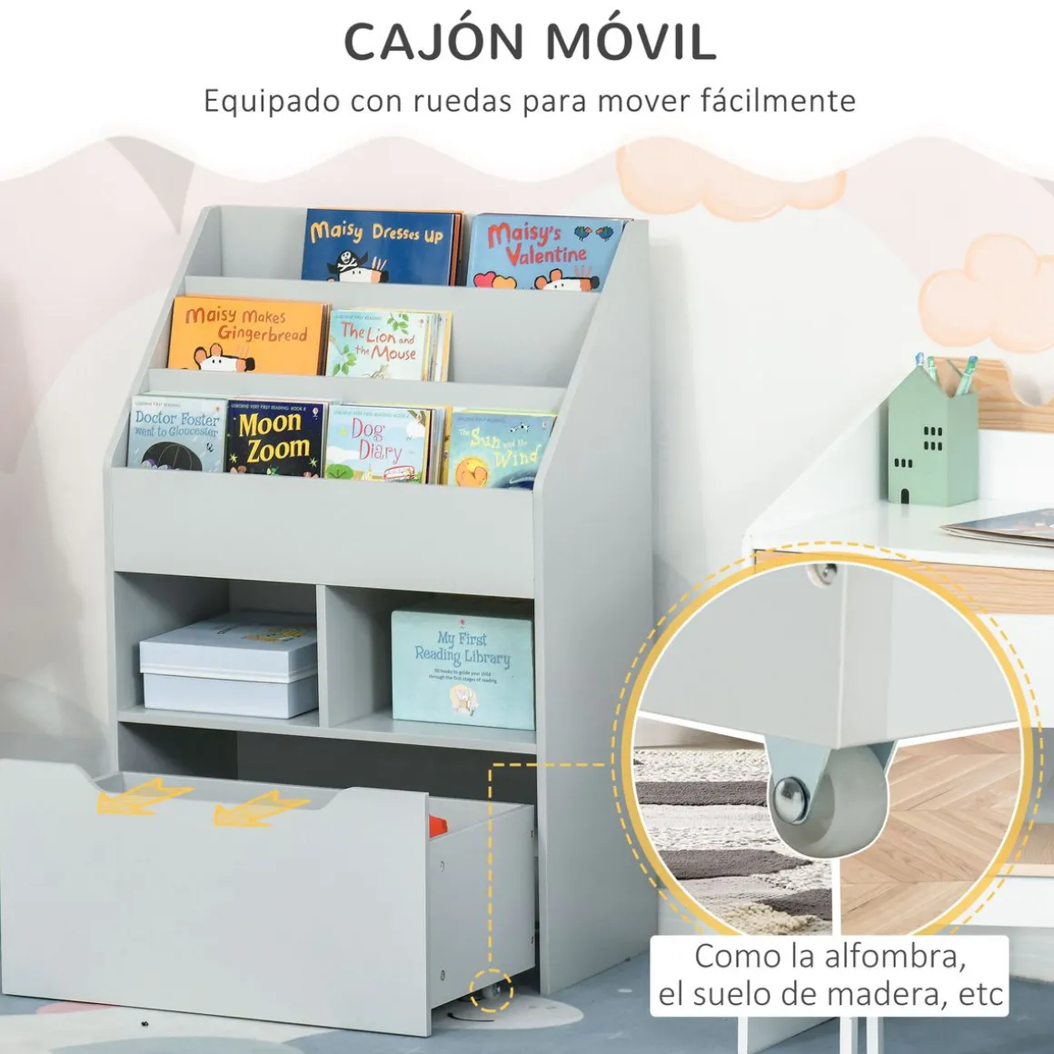 Estantería Moni Homcom 3 compartimentos + 2 cubos + cajón gris 90x60x29,9 cm