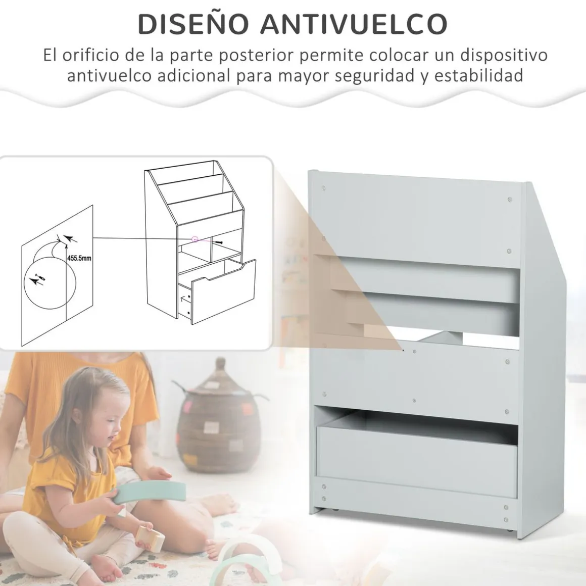 Estantería Moni Homcom 3 compartimentos + 2 cubos + cajón gris 90x60x29,9 cm