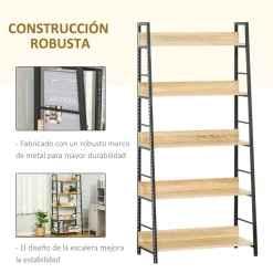 Estantería Nogal Homcom 5 niveles tipo librería natural/negro 149,5x70x35 cm