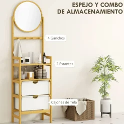 Estantería Tessy Homcom 2 cajones con 2 estantes y espejo natural 170x48,5x30 cm