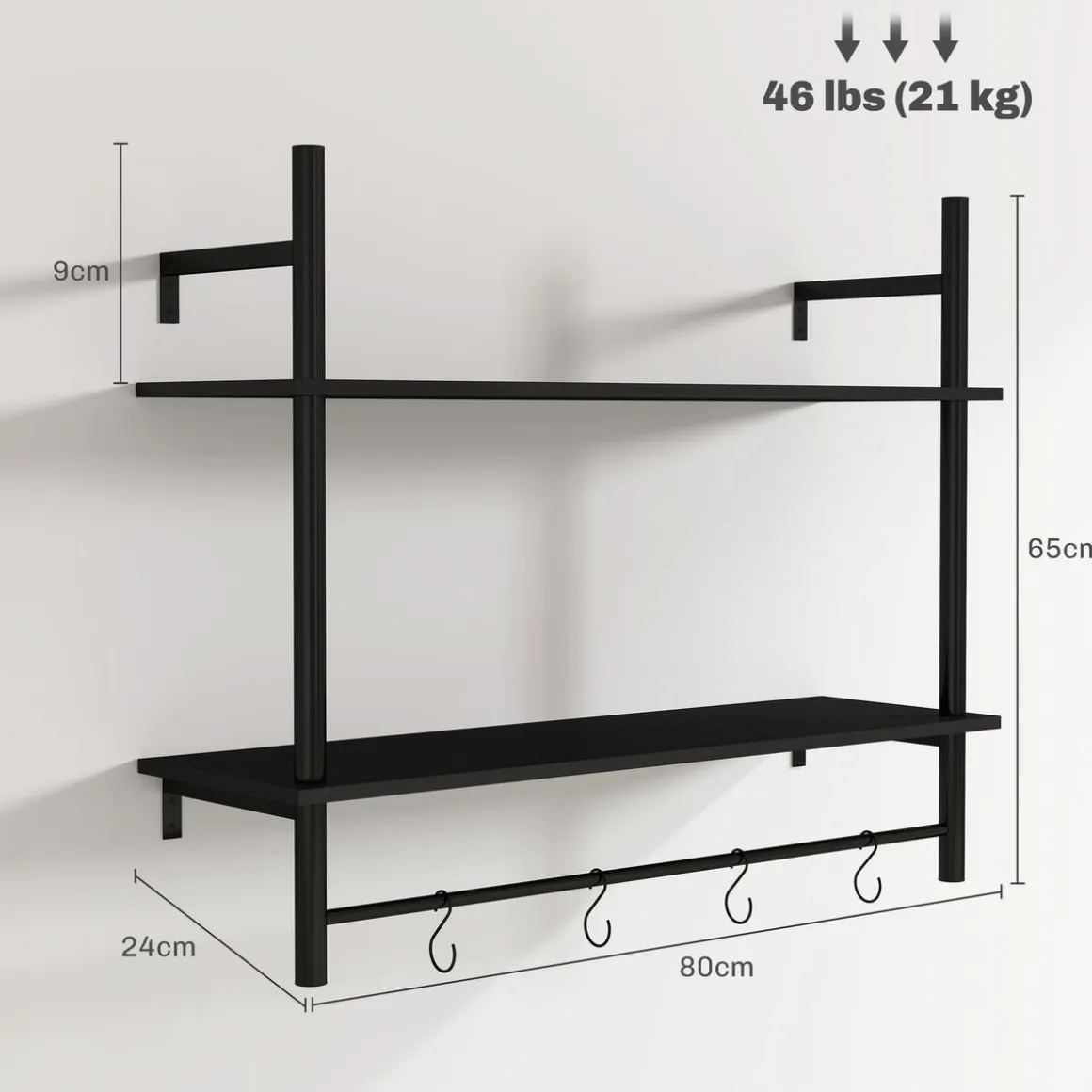 Estantería Vértice Homcom 2 niveles con 4 ganchos negro 65x80x24 cm