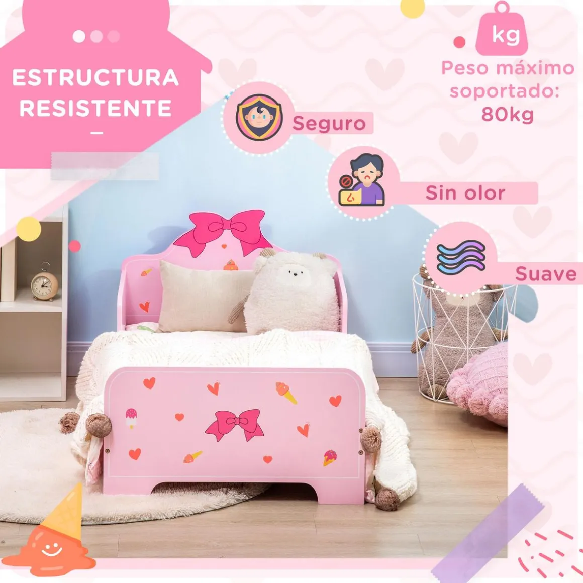 Estructura de cama infantil Dream Zonekiz anticaídas rosa 59x74x143 cm