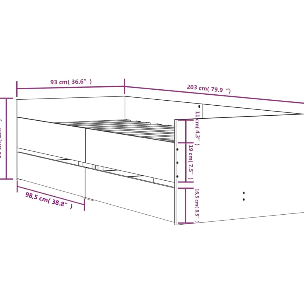 Estructura de cama Vita con 2 cajones + panel trasero 50 cm