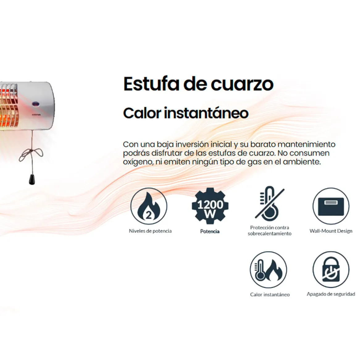 Estufa de cuarzo Infiniton HQP-W22 1200W 2 niveles de potencia colgante plata
