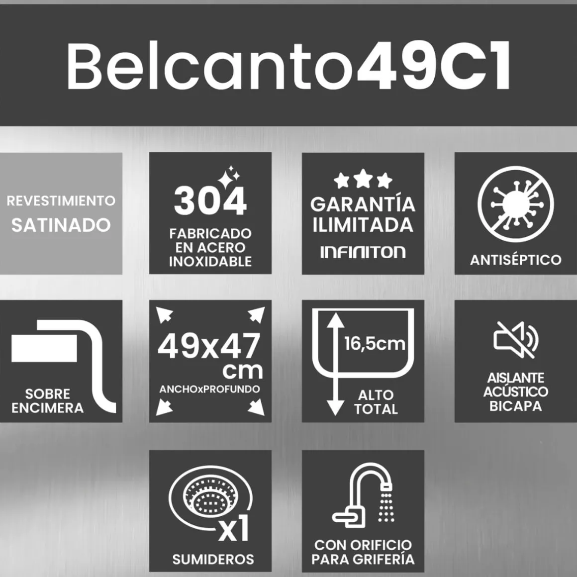 Fregadero Infiniton Belcanto49C1 1 cubeta con desagüe y cestillo acero inoxidable satinado 50 cm