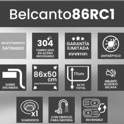 Fregadero Infiniton Belcanto86RC1 1 cubeta con escurridor diseño reversible acero inoxidable satinado 90 cm