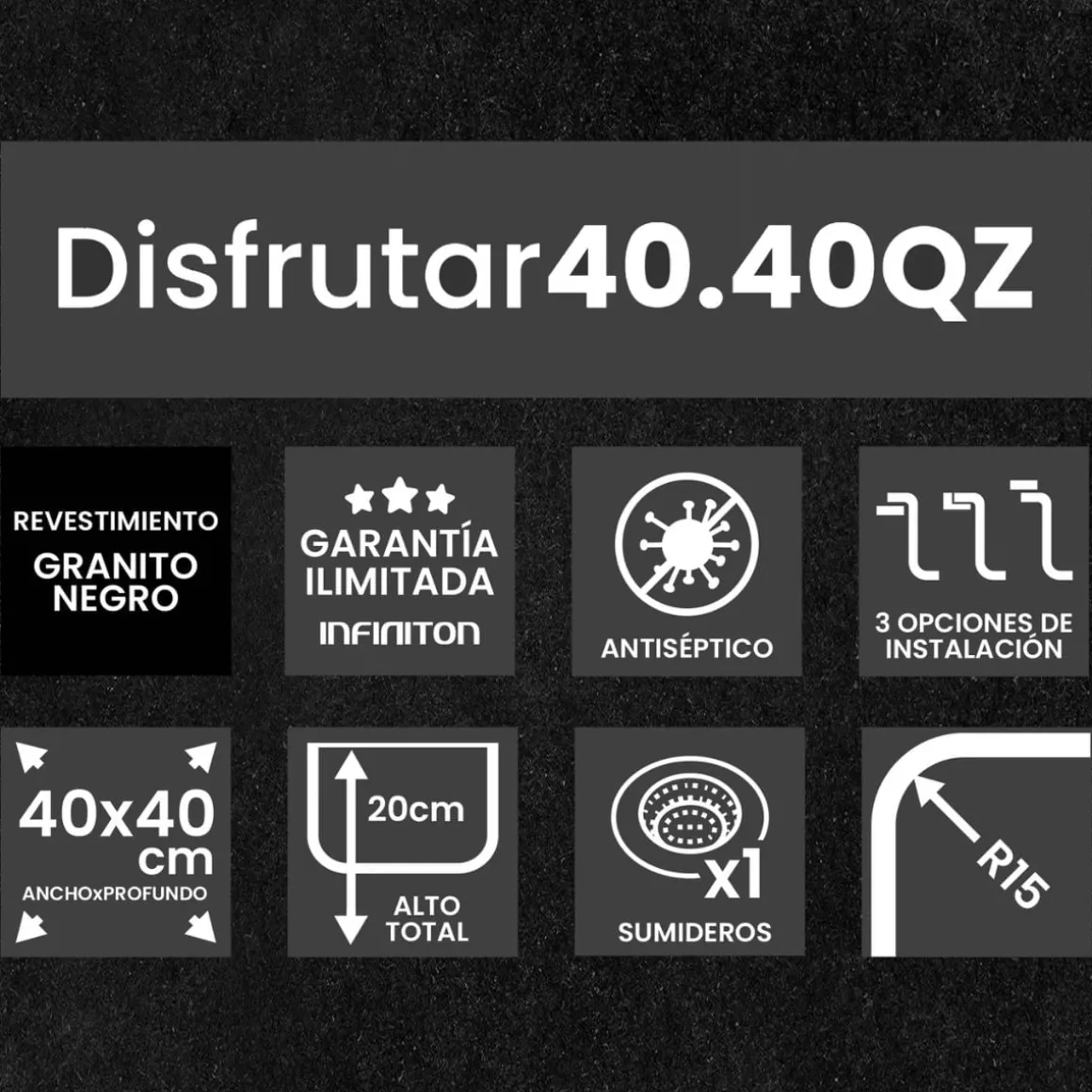Fregadero Infiniton Disfrutar50.40QZ 1 cubeta 3 tipos de instalación granito negro 20x50x40 cm