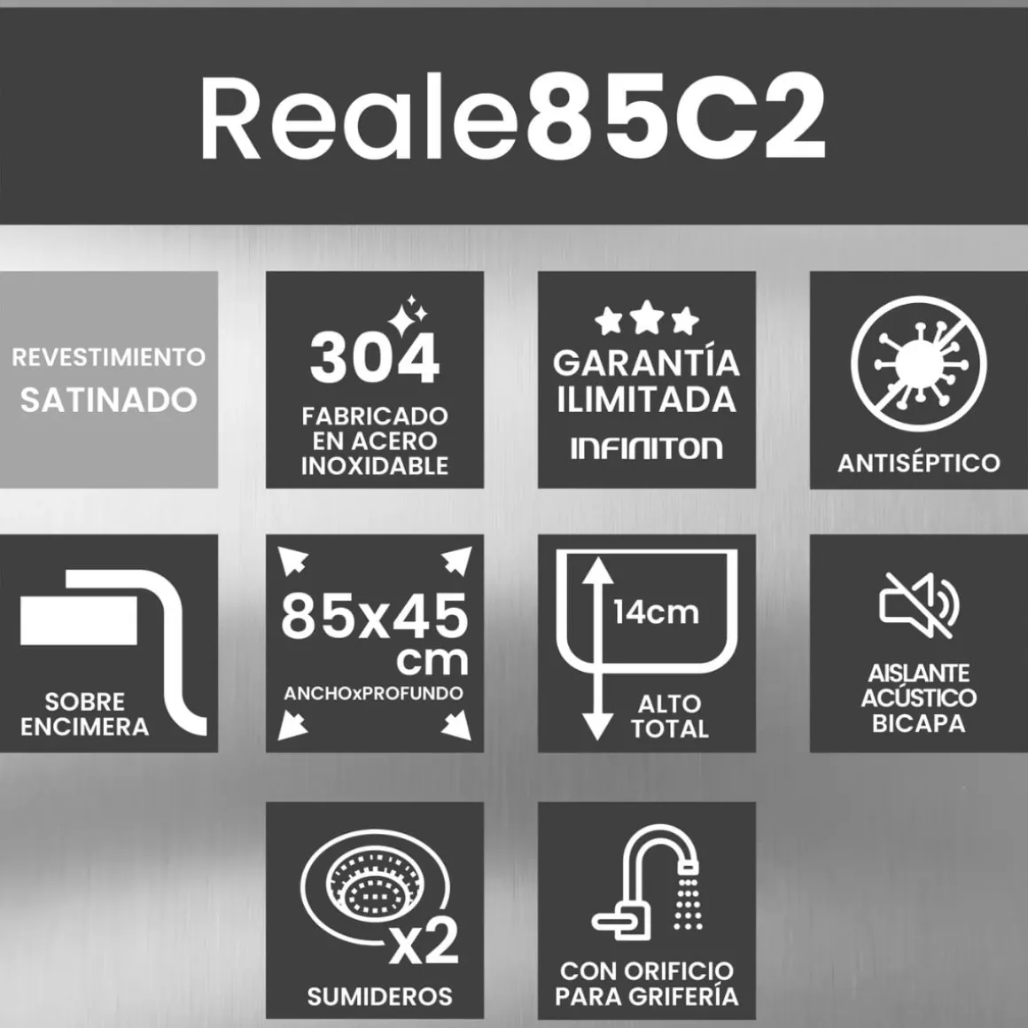 Fregadero Infiniton Reale85C2 2 sumideros satinado acero inoxidable Ø36x14 cm