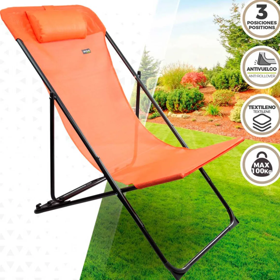 Hamaca plegable Aktive Garden 3 posiciones con reposacabezas
