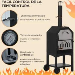 Horno de leña Outsunny 3 niveles con ruedas acero inox negro 160x64x54 cm
