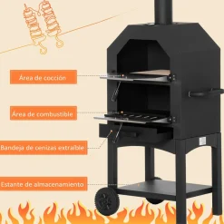 Horno de leña Outsunny 3 niveles con ruedas acero inox negro 160x64x54 cm