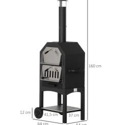 Horno de leña Outsunny 3 niveles con ruedas acero inox negro 160x64x54 cm
