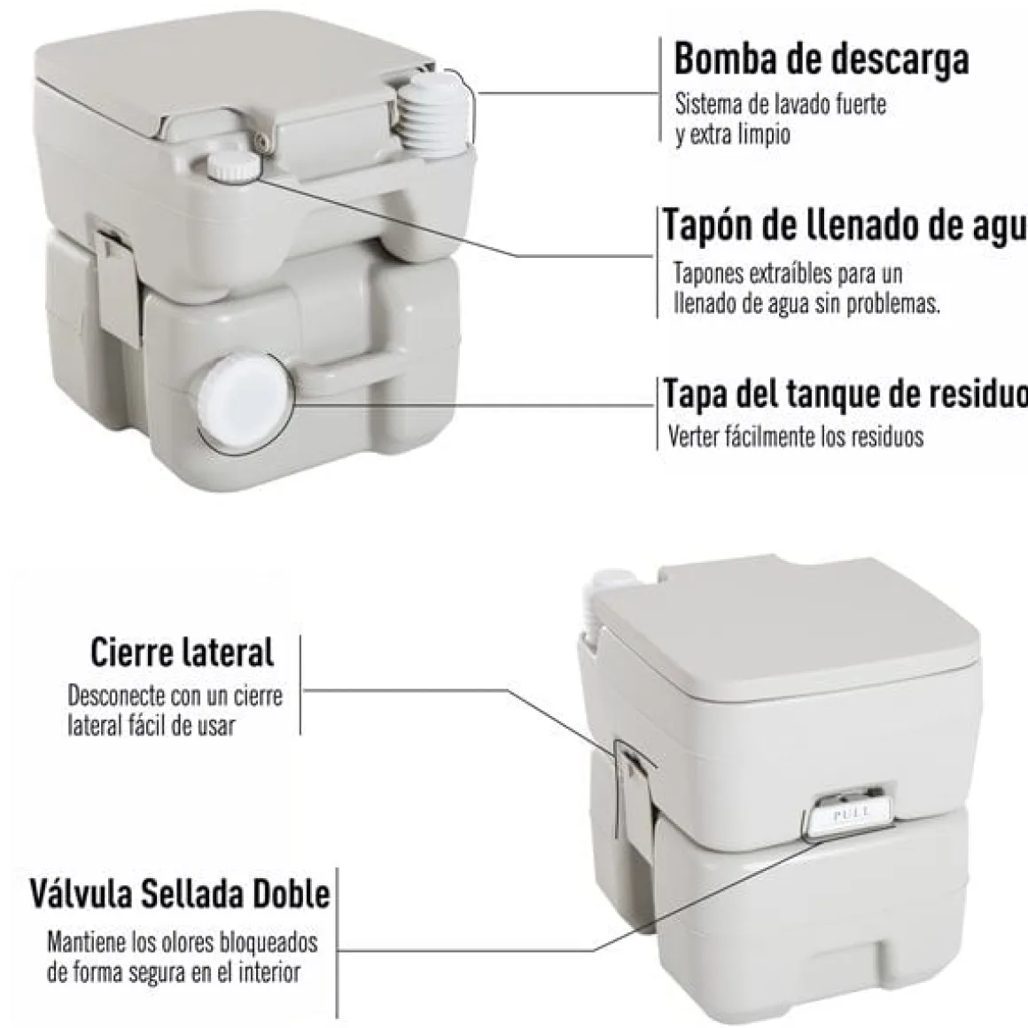 Inodoro portátil WC Kleankin químico con enjuague 20L gris 42x41,5x36,5 cm