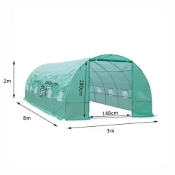 Invernadero de túnel Outsunny 12 ventanas con mosquitera verde 200x800x300 cm