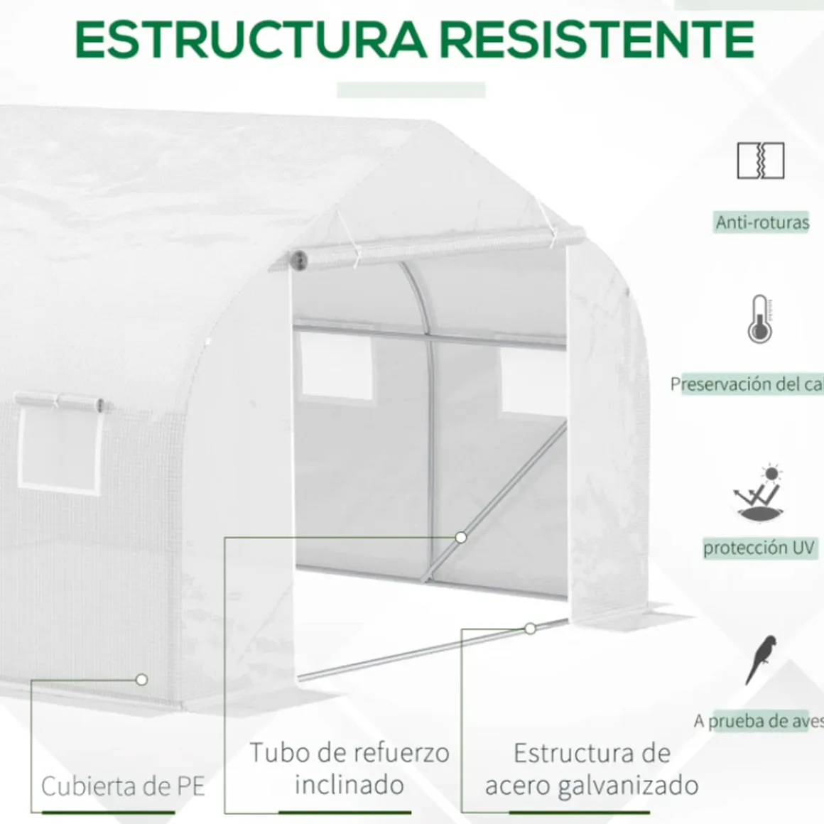 Invernadero Outsunny tipo túnel 6 ventanas + mosquitera blanco 200x300x350 cm