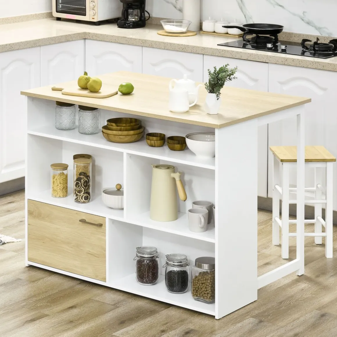 Isla de cocina Colina Homcom con ala abatible 4 compartimentos + armario blanco/natural 91x116x79,5 cm