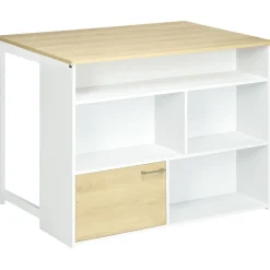 Isla de cocina Colina Homcom con ala abatible 4 compartimentos + armario blanco/natural 91x116x79,5 cm