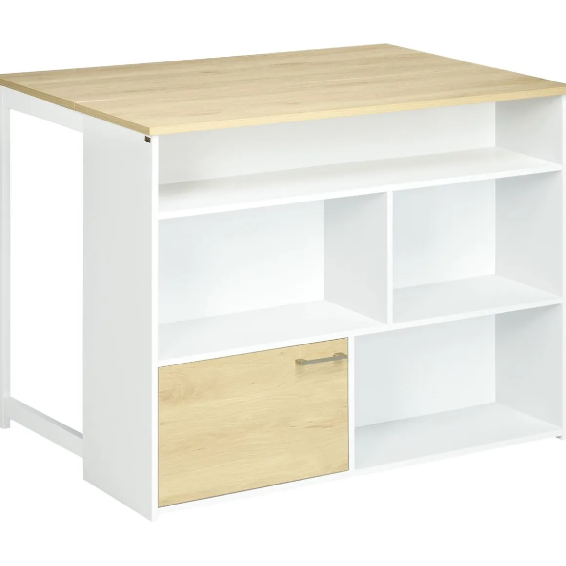 Isla de cocina Colina Homcom con ala abatible 4 compartimentos + armario blanco/natural 91x116x79,5 cm