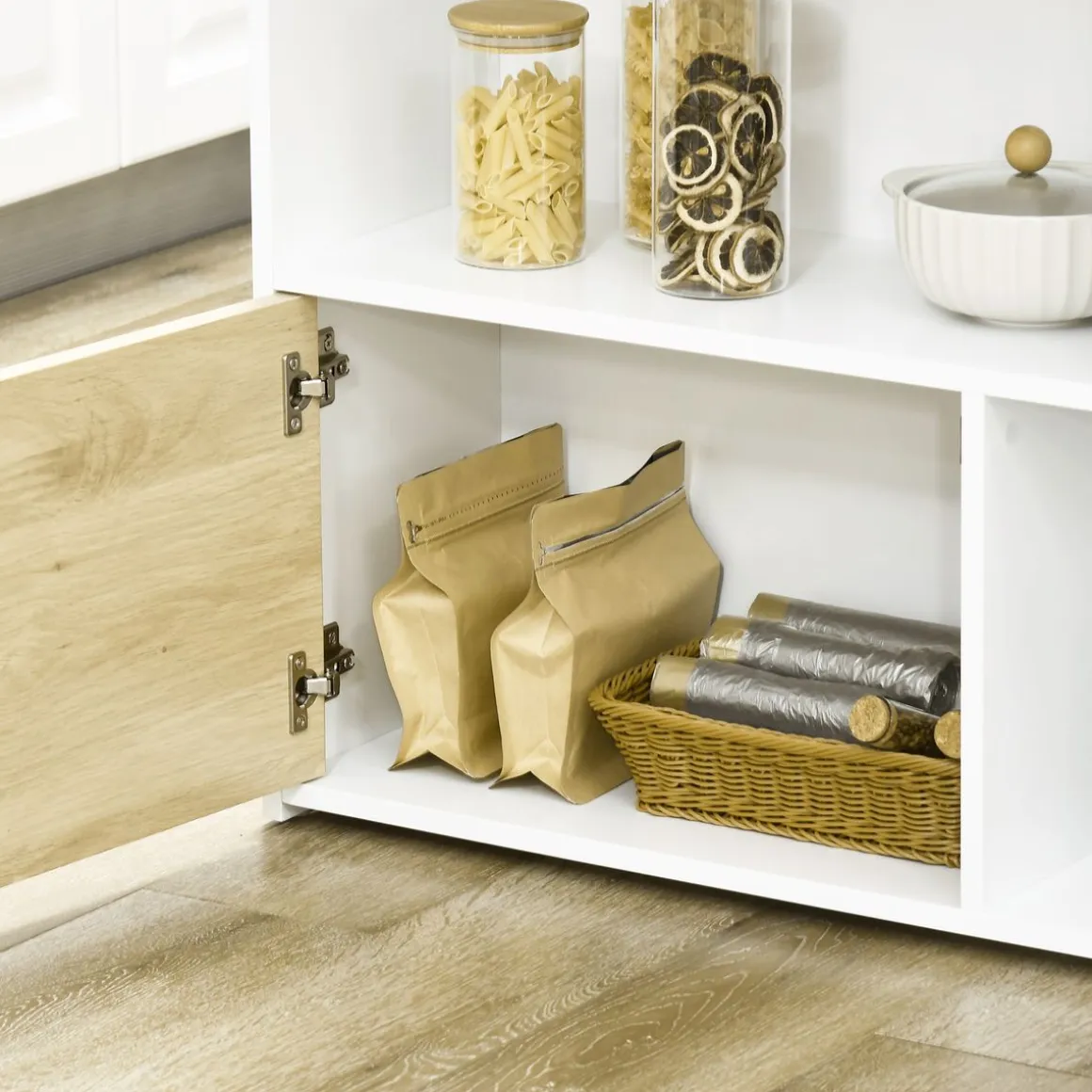 Isla de cocina Colina Homcom con ala abatible 4 compartimentos + armario blanco/natural 91x116x79,5 cm